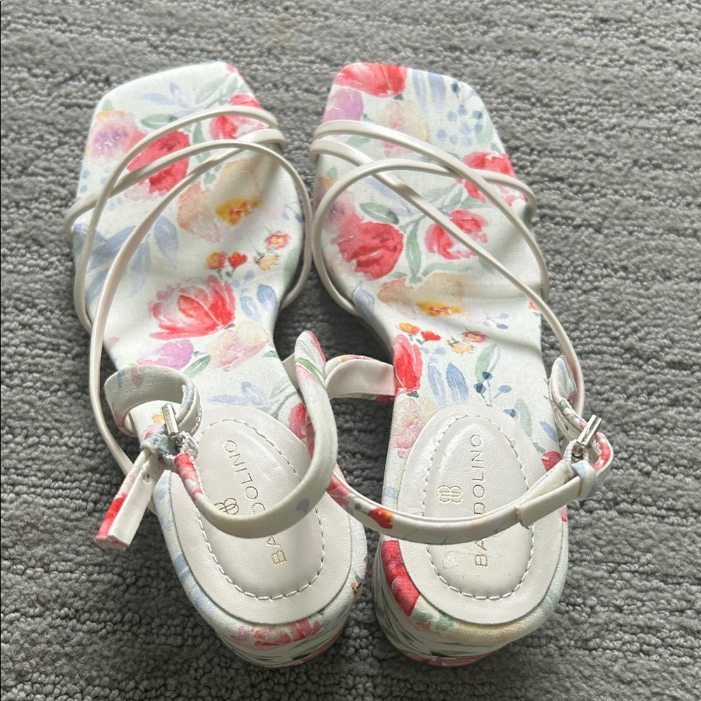 Bandolino White Floral Strappy Heels with Pink & Green Accents